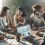 A diverse group of individuals engaged in a financial planning session at a table filled with laptops and financial documents. A Caucasian woman and an Asian man are at the forefront, deep in discussion with focused expressions. Around them are symbols of finance, including pie charts displayed on laptop screens, a calculator, and scattered coins on the table. The atmosphere is positive and collaborative, reflecting effective personal finance management.